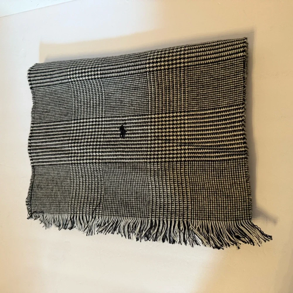 POLO RALPH LAUREN SCARF UNISEX BLACK WHITE PLAID COTTON LONG RECTANGLE